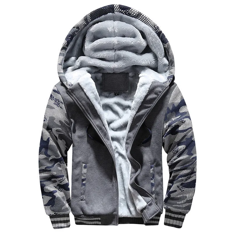 HOODED AUTUMN AND WINTER MEN'S BASEBALL JACKET, MEN'S OUTERWEAR, SPORT WITH THICK FLEECE