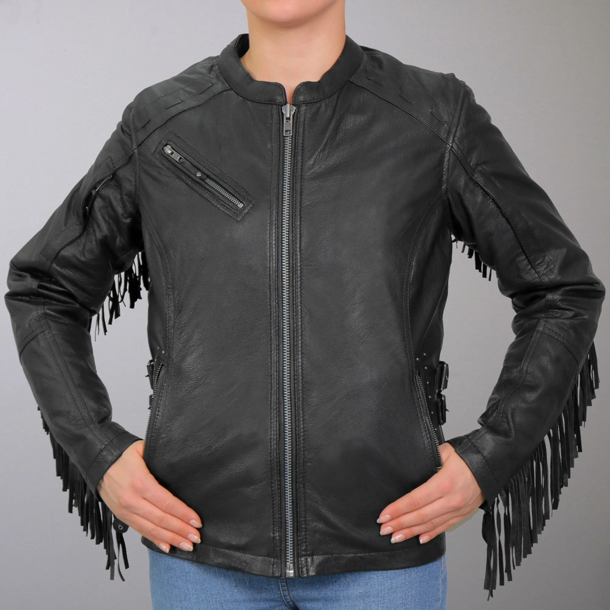 Hot Leathers JKL1028 Studs and Fringe Ladies Black Motorcycle style Carry Conceal Leather Biker Jacket