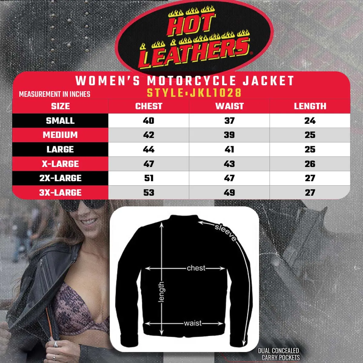 Hot Leathers JKL1028 Studs and Fringe Ladies Black Motorcycle style Carry Conceal Leather Biker Jacket