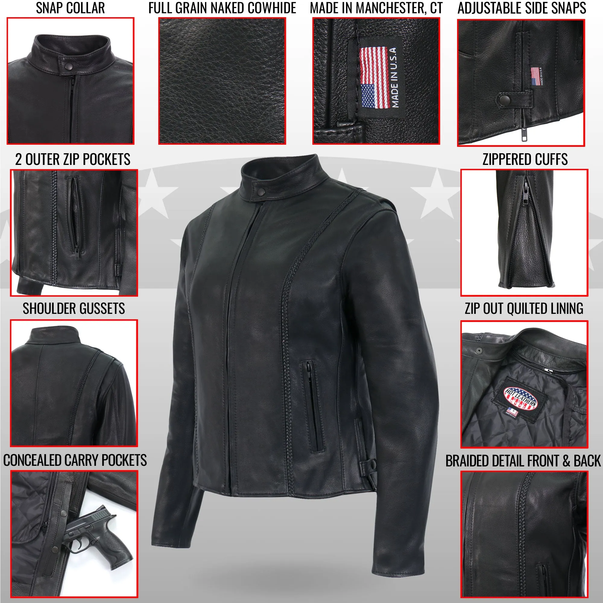 Hot Leathers JKL5002 USA Made Ladies Braided Leather Motorcycle Biker Jacket