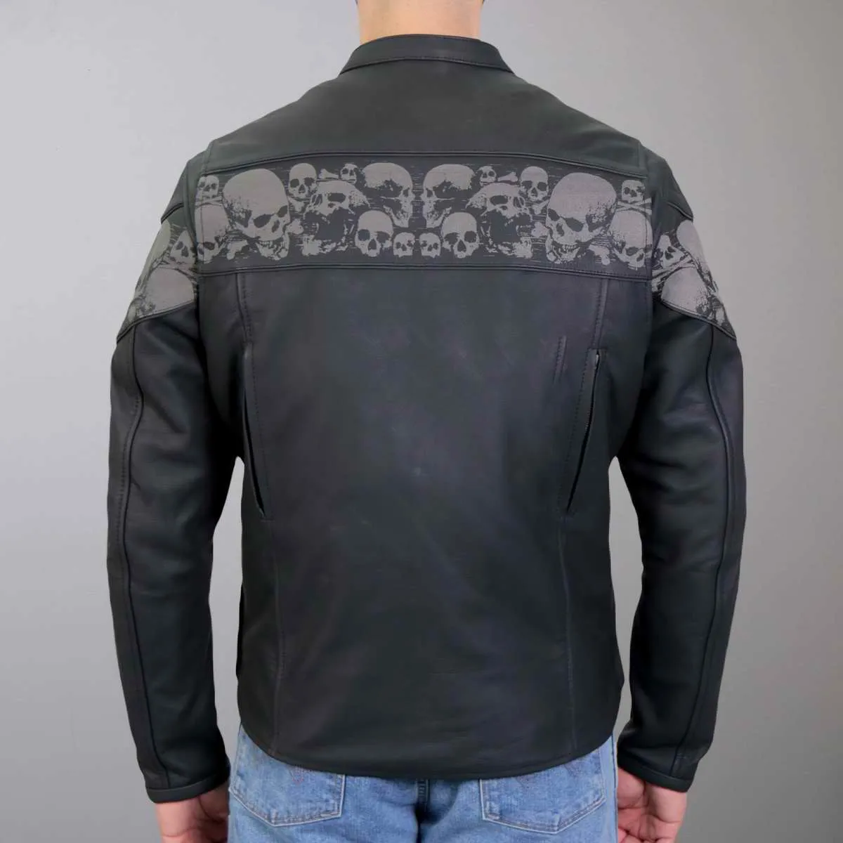 Hot Leathers JKM2002 Men’s Black ‘Reflective Skull' Printed Leather Jacket with Concealed Carry Pockets