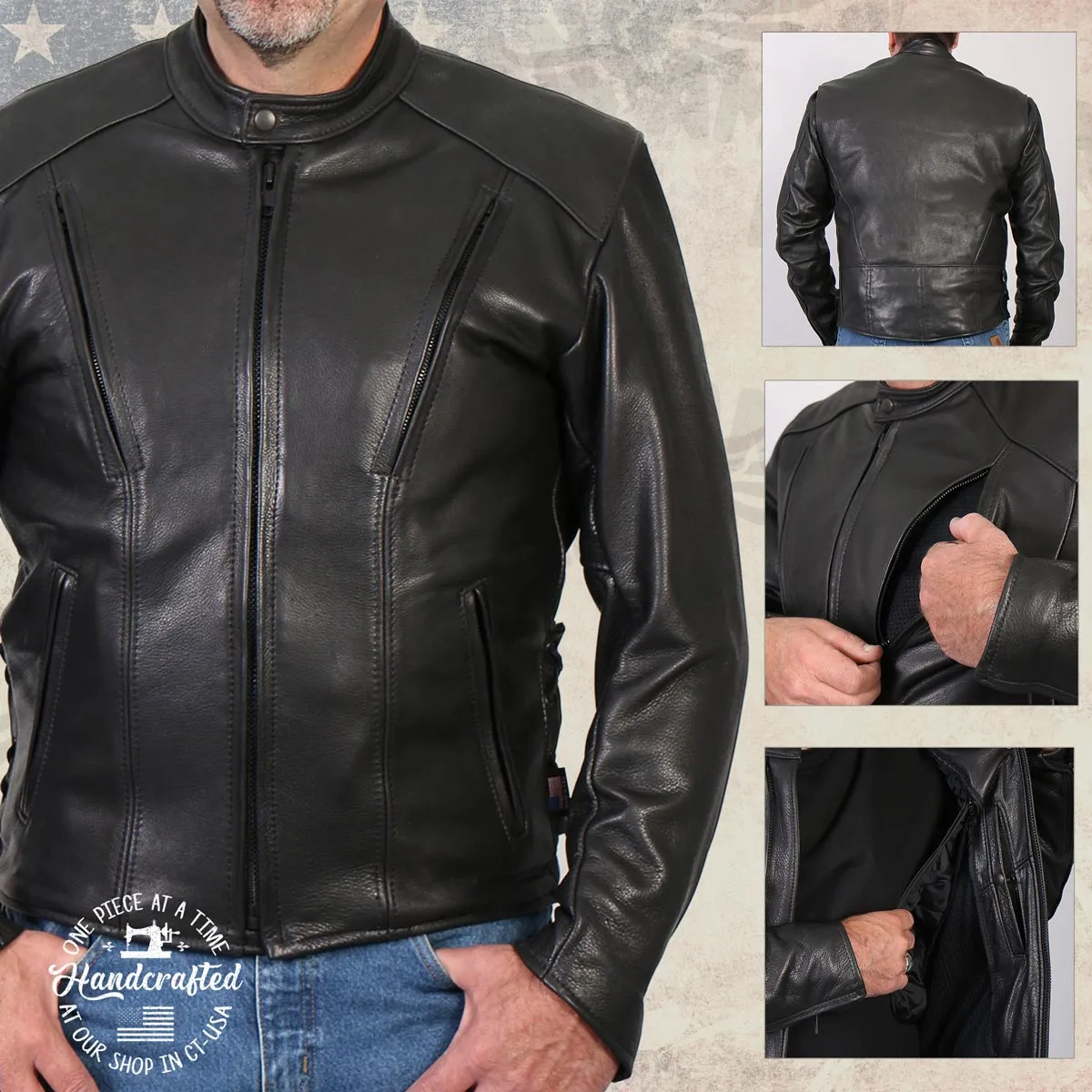 Hot Leathers JKM5002 USA Made Men's 'Air Stream' Vented Black Premium Leather MC Jacket with Side Laces