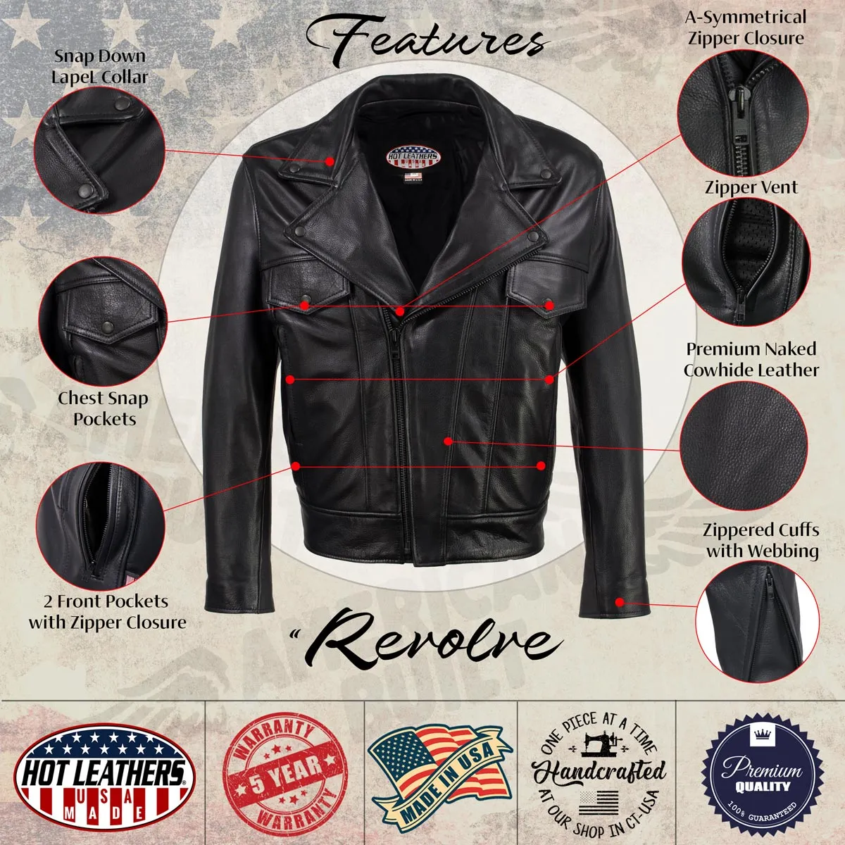 Hot Leathers JKM5008 USA Made Men's 'Revolve' Black Premium Leather Vented Motorcycle Jacket