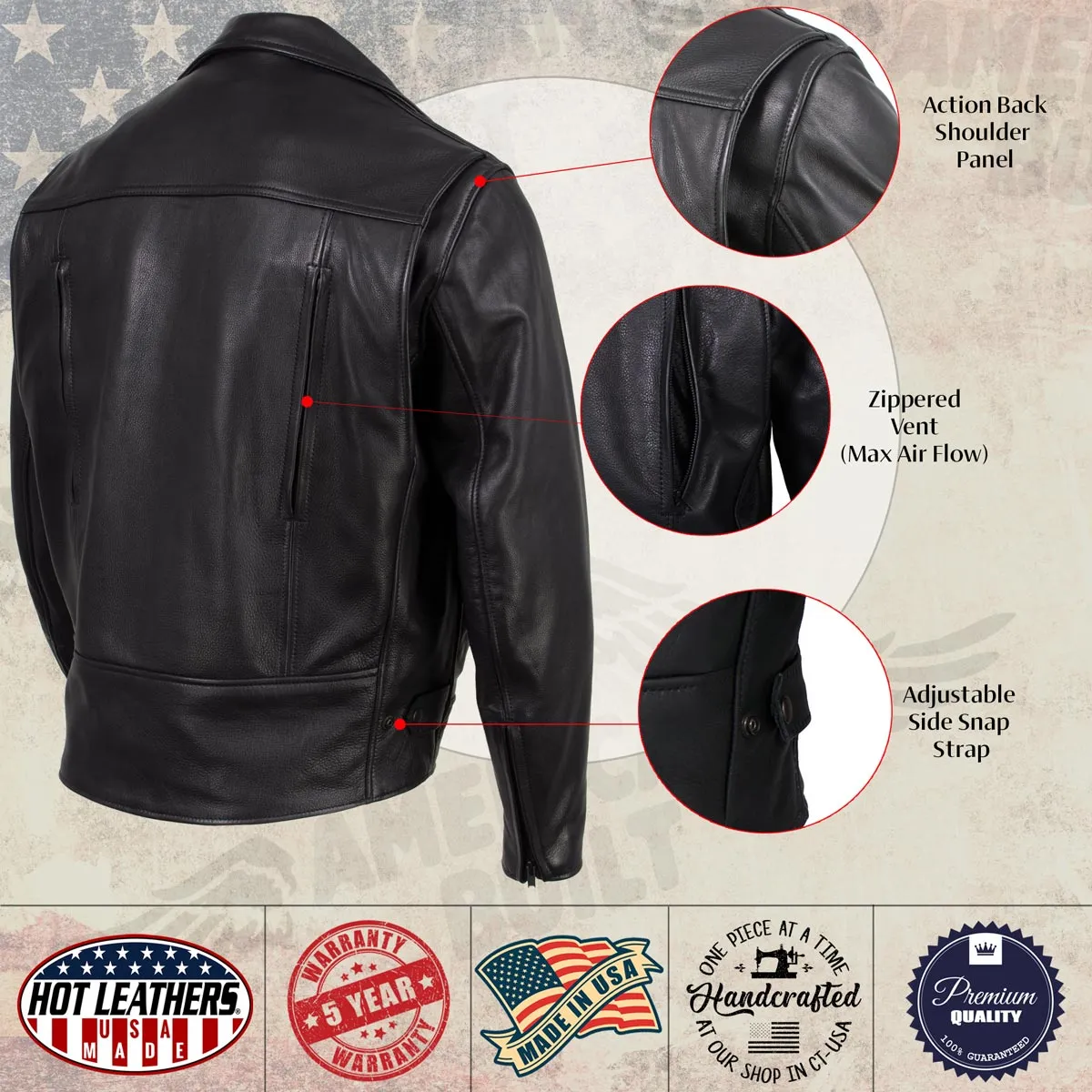 Hot Leathers JKM5008 USA Made Men's 'Revolve' Black Premium Leather Vented Motorcycle Jacket