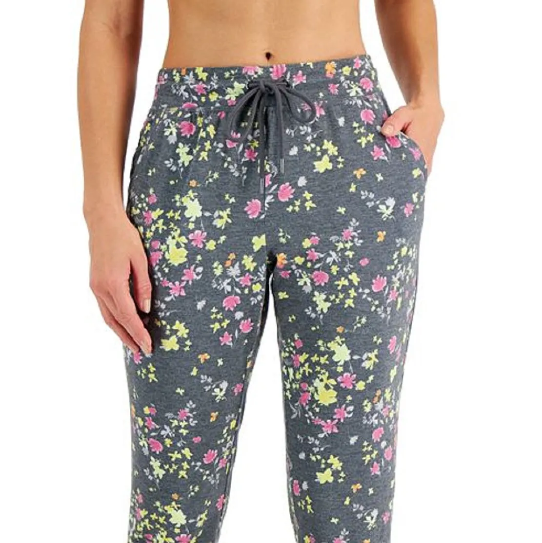 ID Ideology Women's Floral Print Pansy Slim Fit Drawstring Jogging Pants Gray Size XX-Large