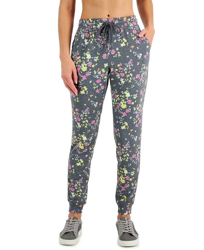 ID Ideology Women's Floral Print Pansy Slim Fit Drawstring Jogging Pants Gray Size XX-Large