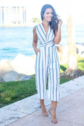 Ivory and Blue Striped Sleeveless Jumpsuit