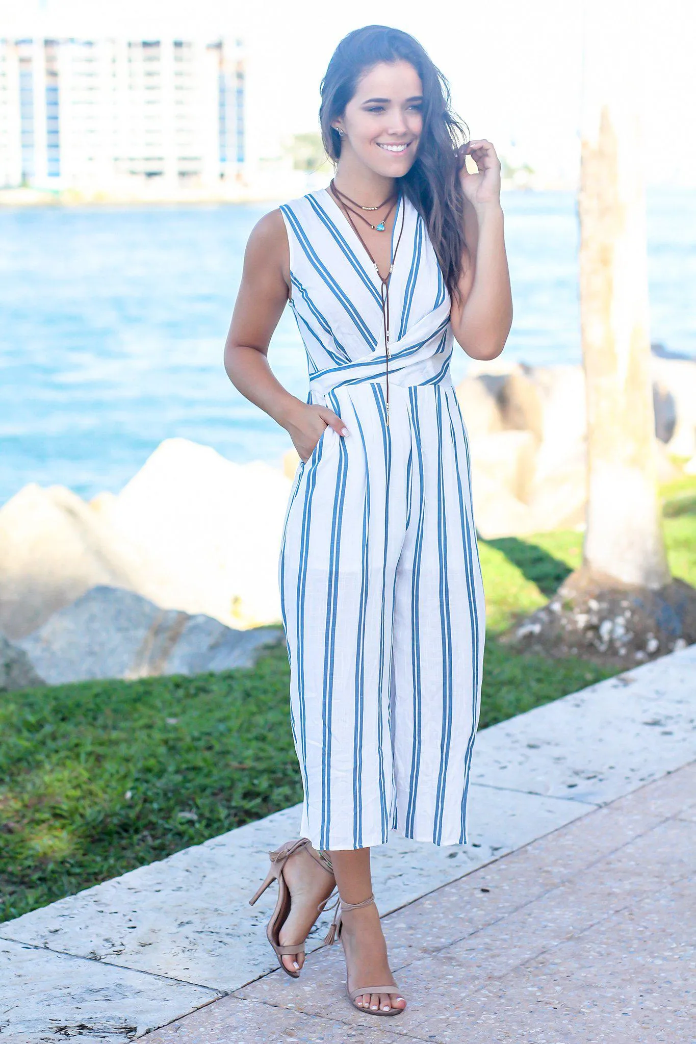 Ivory and Blue Striped Sleeveless Jumpsuit