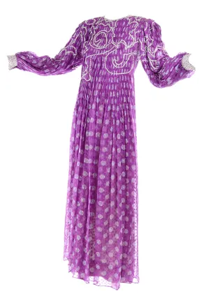 James Galanos Purple Polka Dot Silk Pleated Dress w Silver Sequins