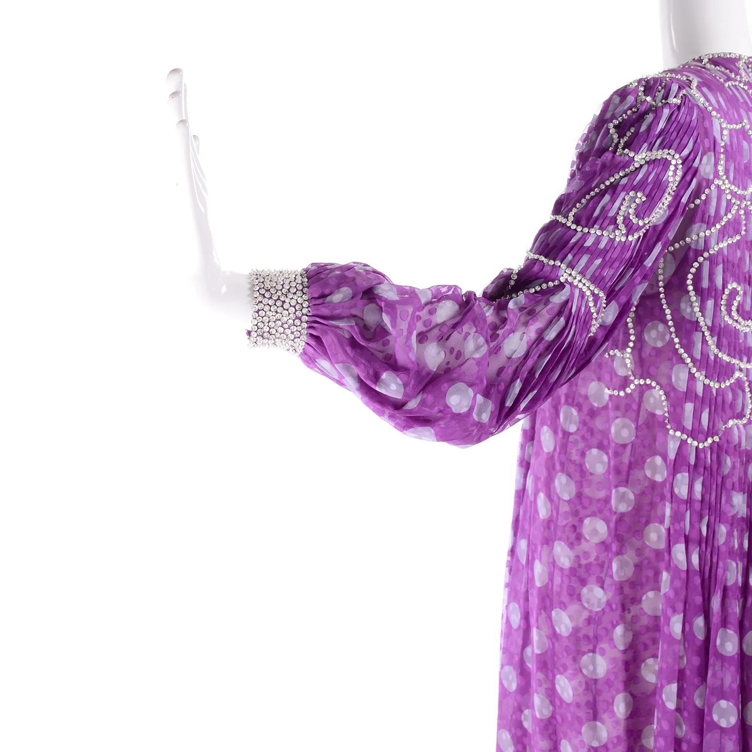 James Galanos Purple Polka Dot Silk Pleated Dress w Silver Sequins