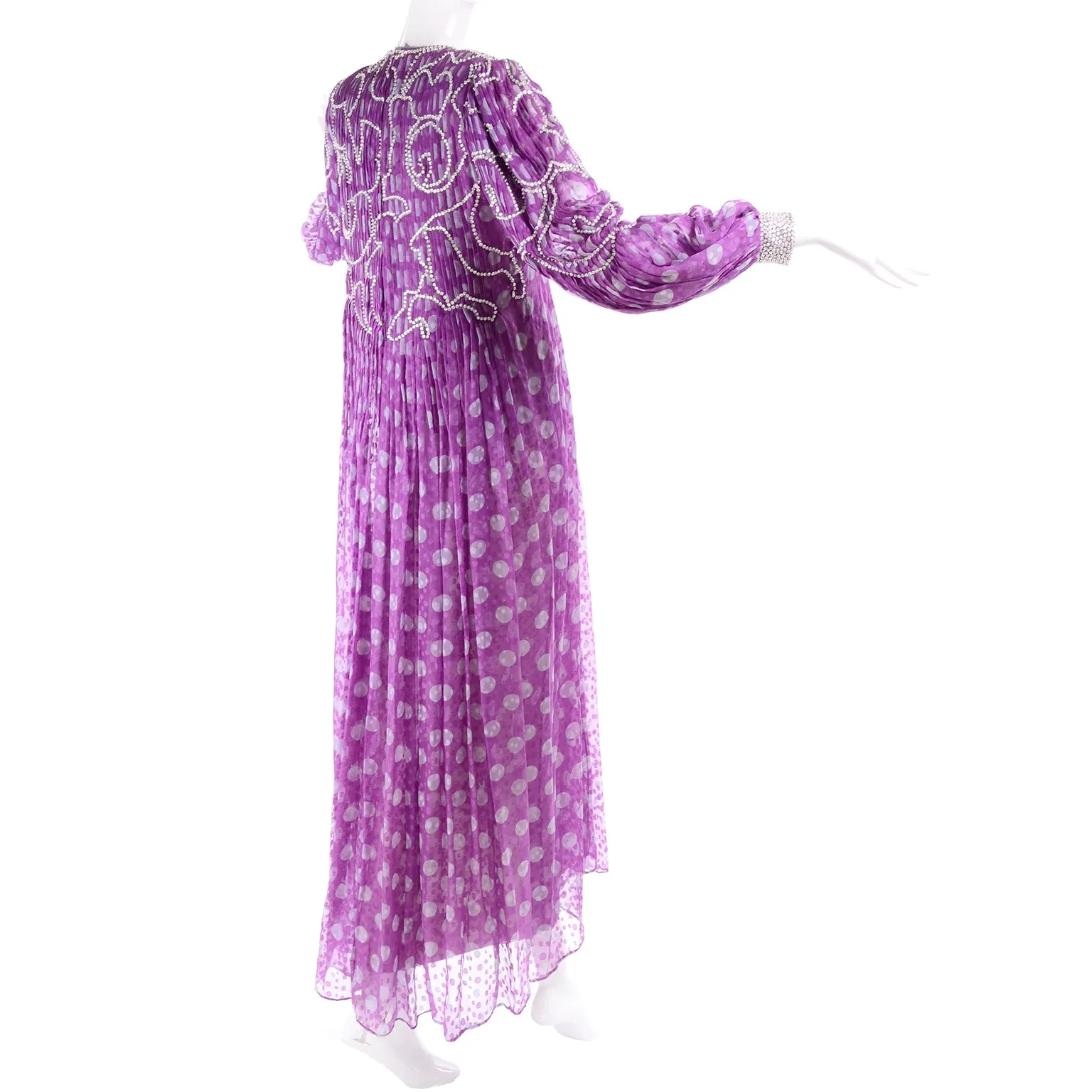 James Galanos Purple Polka Dot Silk Pleated Dress w Silver Sequins