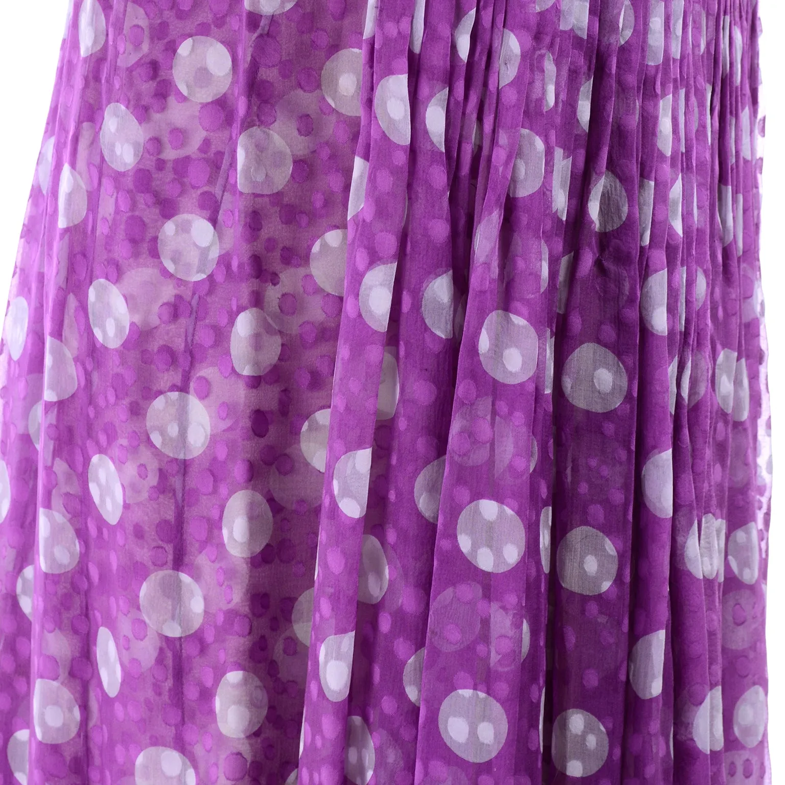 James Galanos Purple Polka Dot Silk Pleated Dress w Silver Sequins