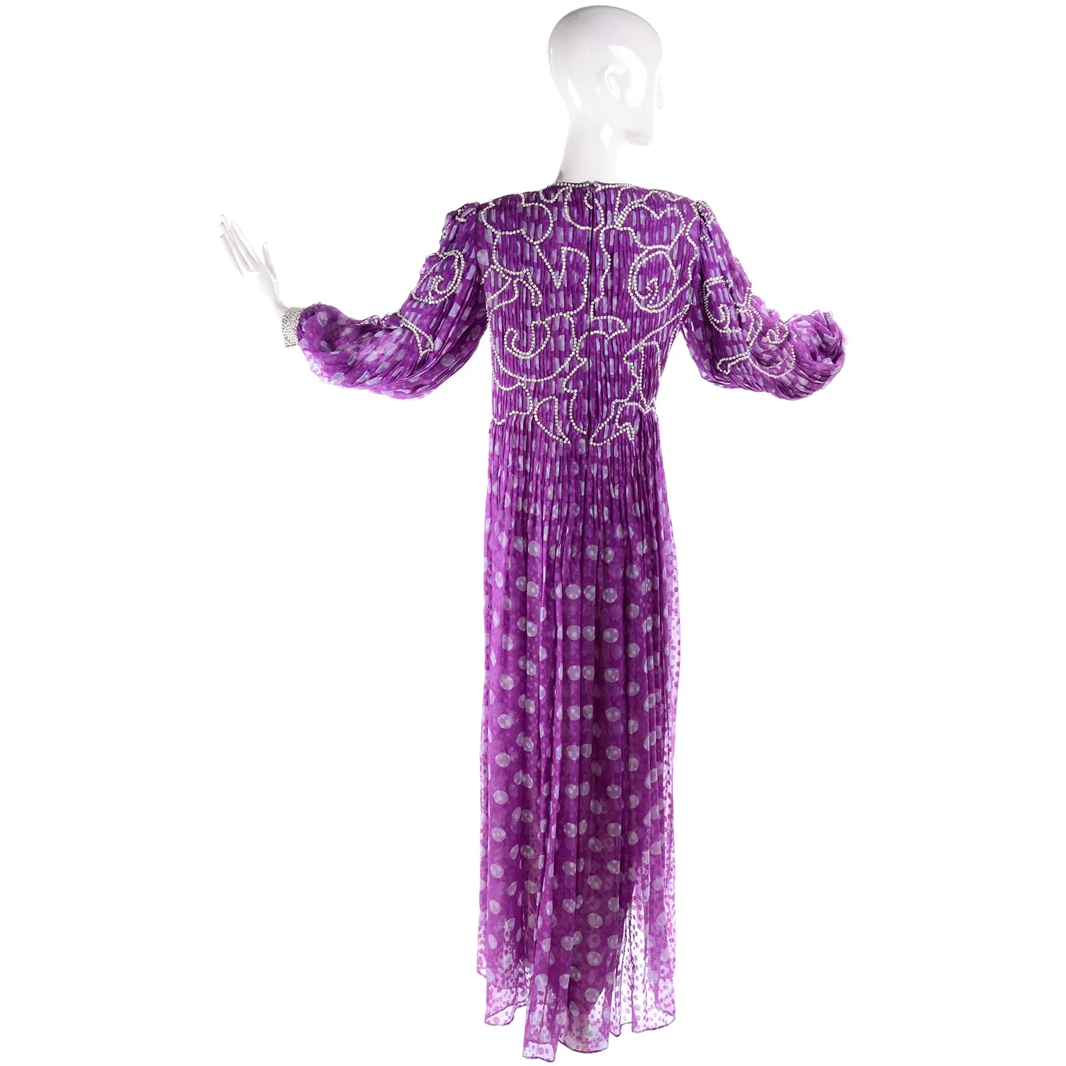 James Galanos Purple Polka Dot Silk Pleated Dress w Silver Sequins