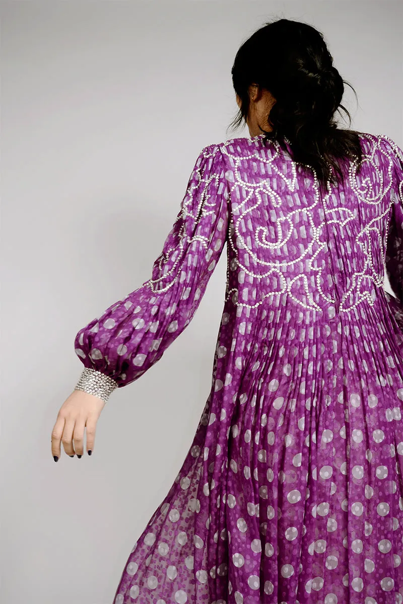 James Galanos Purple Polka Dot Silk Pleated Dress w Silver Sequins