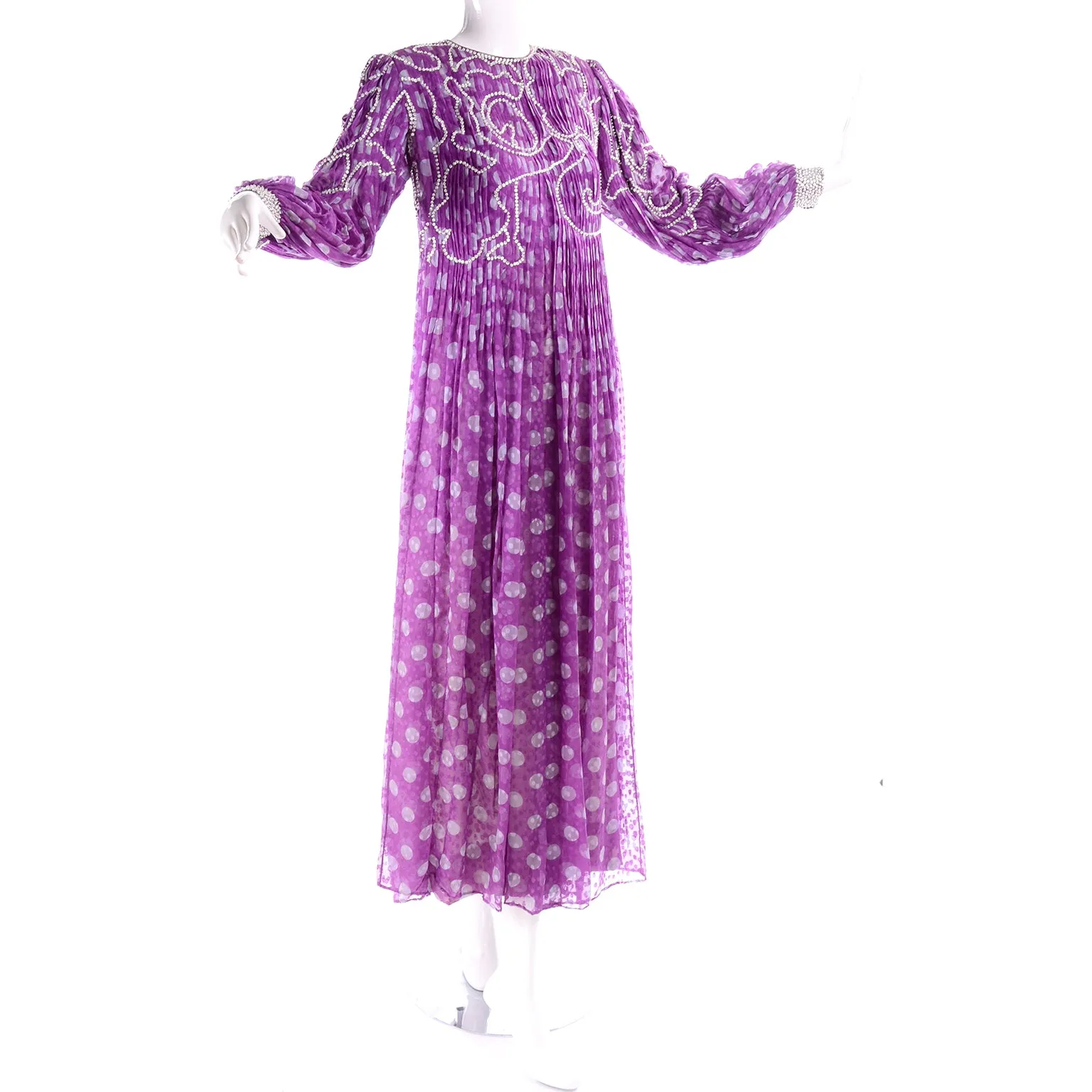 James Galanos Purple Polka Dot Silk Pleated Dress w Silver Sequins