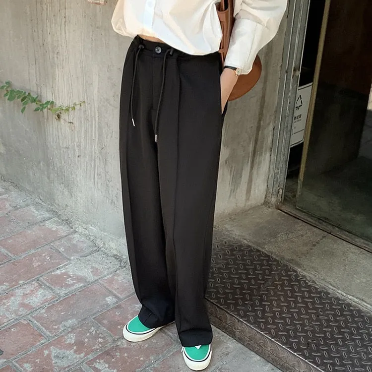 [Korean Style] Drawstring Cinched Waist Pleated Wide Leg Trousers