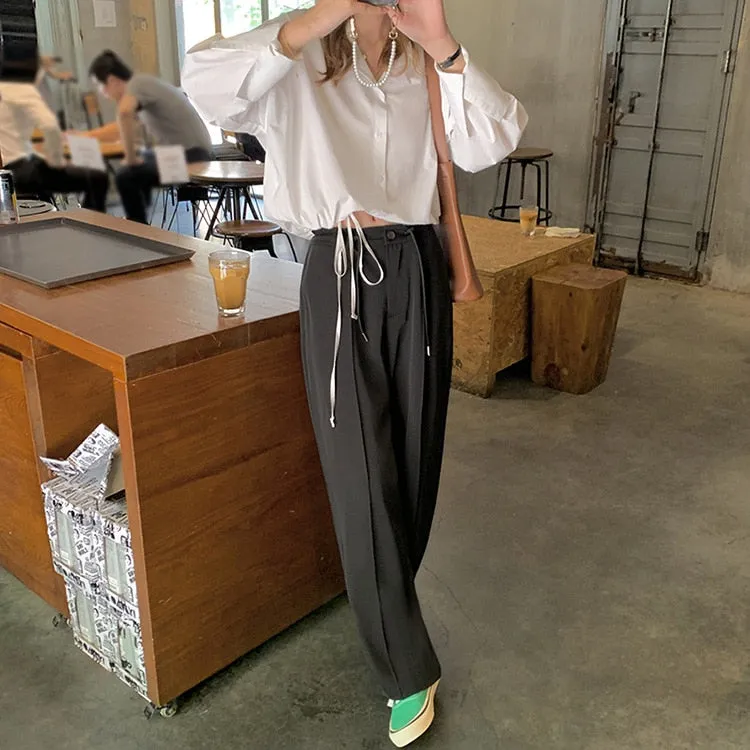 [Korean Style] Drawstring Cinched Waist Pleated Wide Leg Trousers