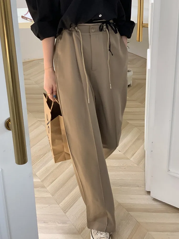 [Korean Style] Drawstring Cinched Waist Pleated Wide Leg Trousers