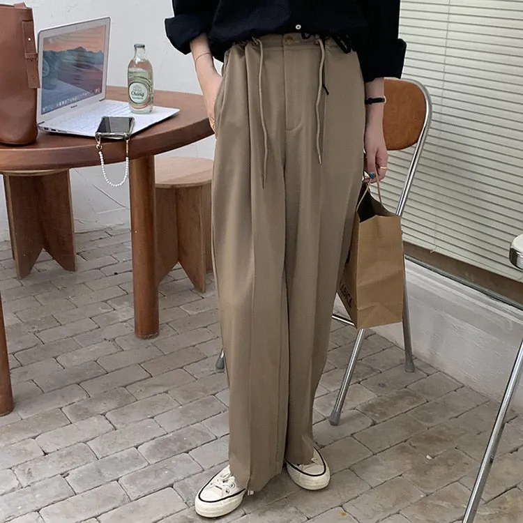 [Korean Style] Drawstring Cinched Waist Pleated Wide Leg Trousers