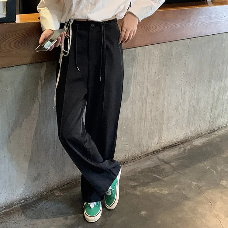 [Korean Style] Drawstring Cinched Waist Pleated Wide Leg Trousers