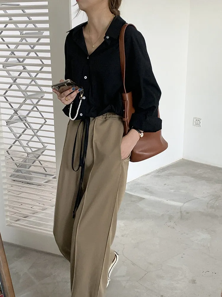 [Korean Style] Drawstring Cinched Waist Pleated Wide Leg Trousers