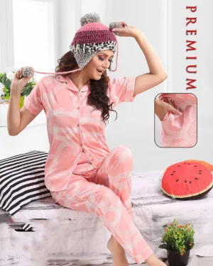 Ladies Cotton Printed Pink Collar Top Pyjama Sets Nightwear