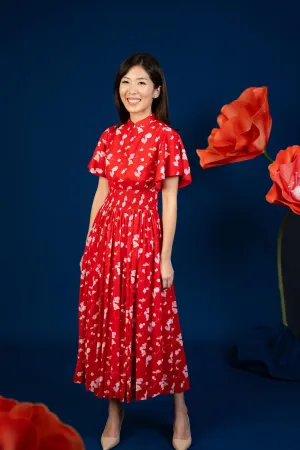 Ladies Pleated Dress - Red Blossom Lily