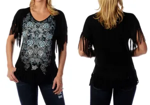 Liberty Wear - Cross & Rose, V-Neck, Short Fringe Sleeves, Black Fashion Top