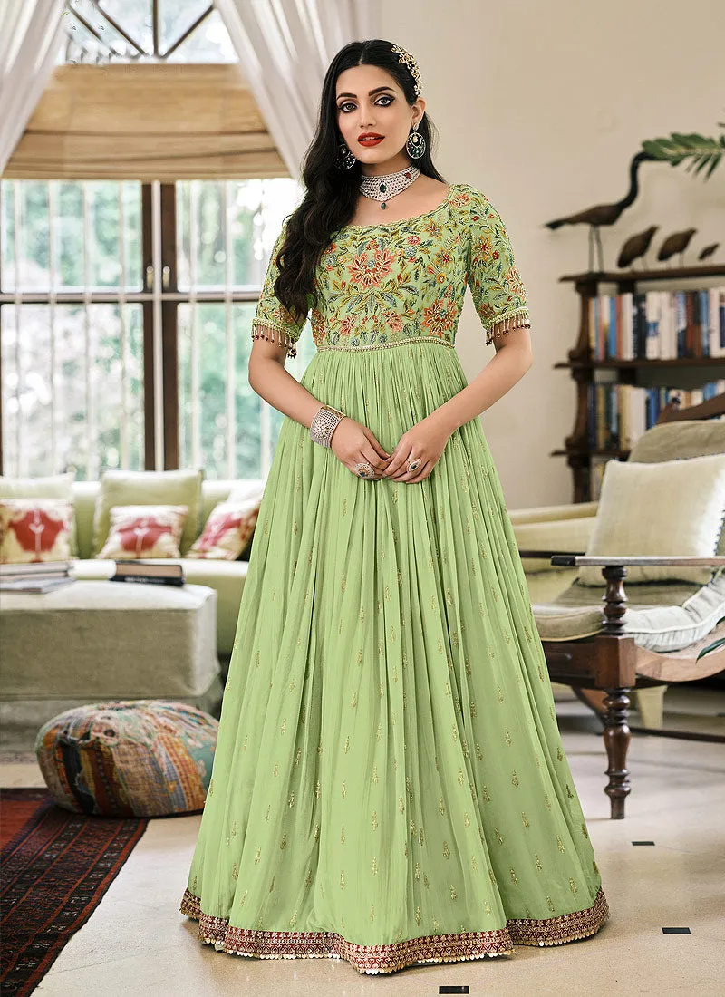 Light Green Foil Mirror Work Georgette Anarkali Suit