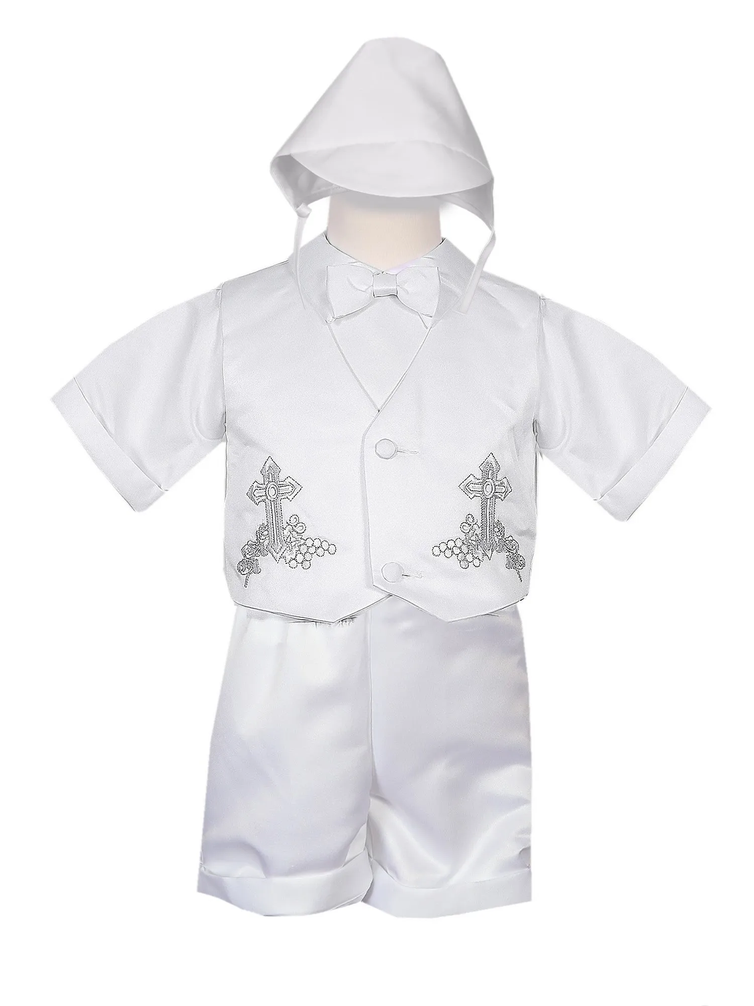 Little Boys White 4 pc Cross Grapes Vest Hat Baptism Outfit 2-4T