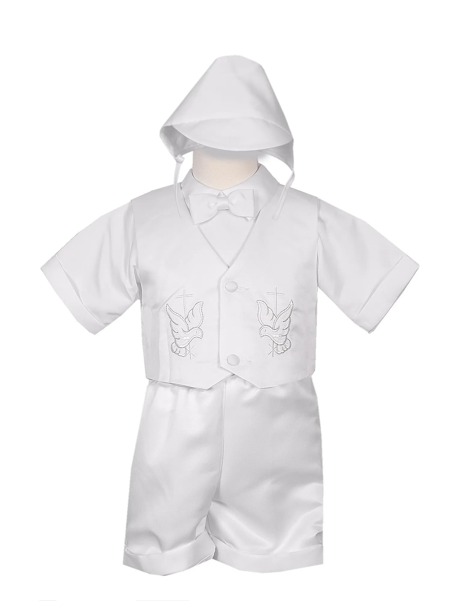 Little Boys White 4 pc Holy Spirit Cross Vest Hat Baptism Outfit 2-4T