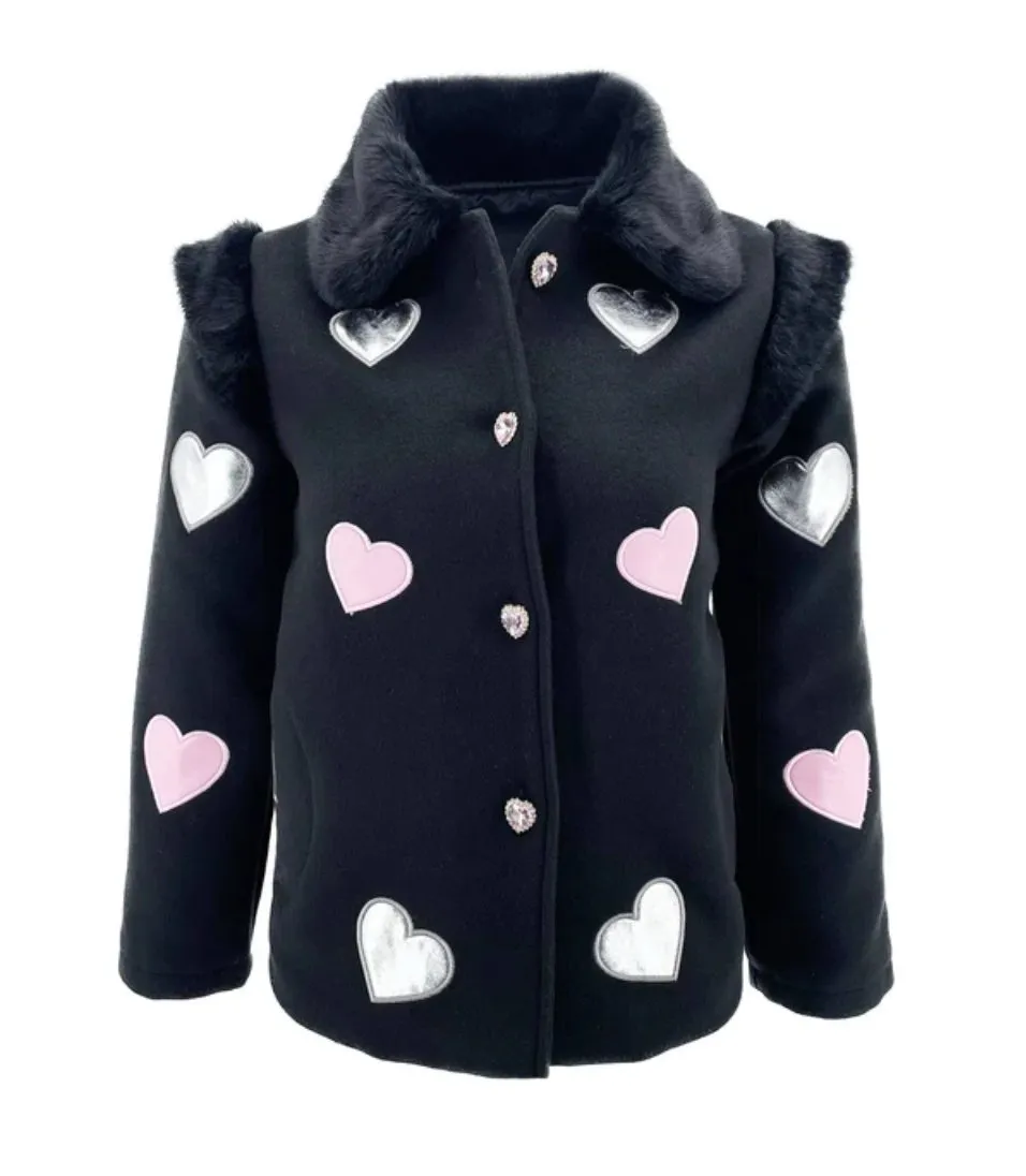 Lola and The Boys Girls Black Patch Hearts Faux Fur Collar Jacket