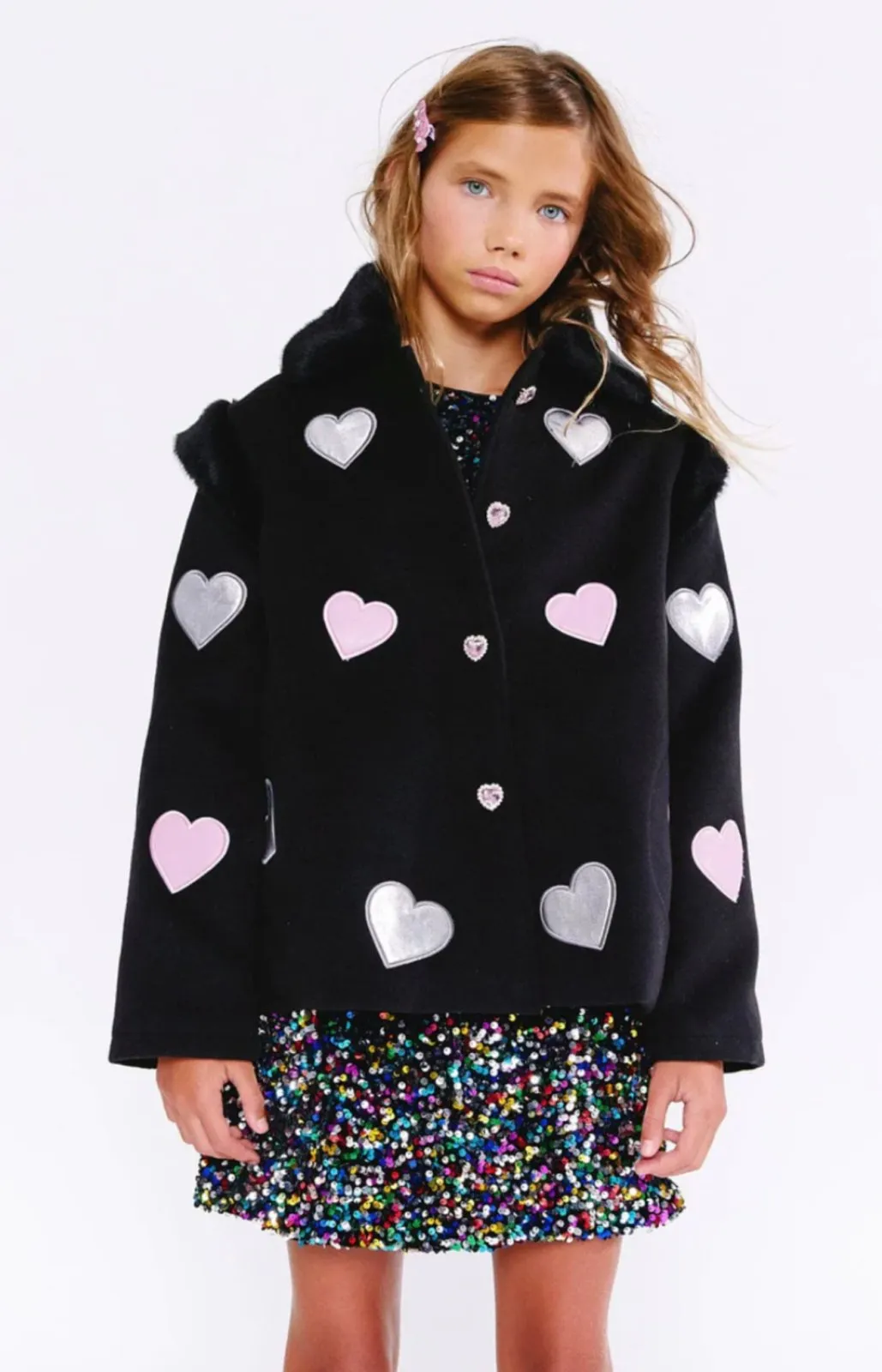 Lola and The Boys Girls Black Patch Hearts Faux Fur Collar Jacket