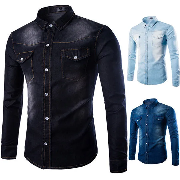 Long Sleeve Denim Dress Shirts for Men Plus Size Personality Double Chest Pockets Washed