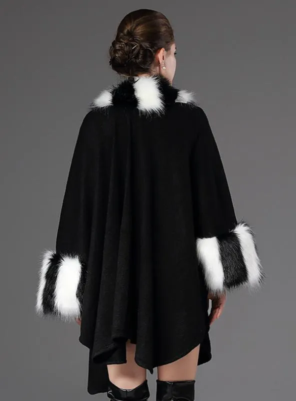 LOOSE FOX LIKE FUR COLLAR KNITTED SHAWL CAPE COAT