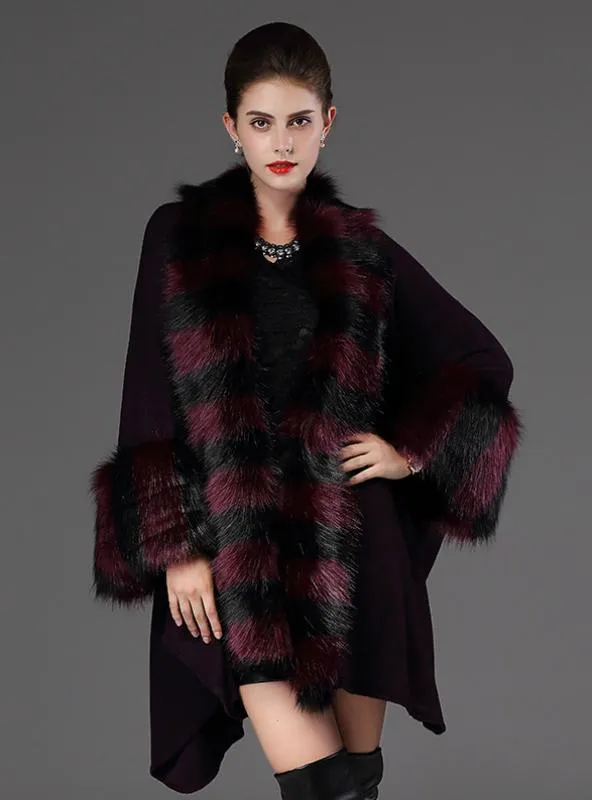 LOOSE FOX LIKE FUR COLLAR KNITTED SHAWL CAPE COAT