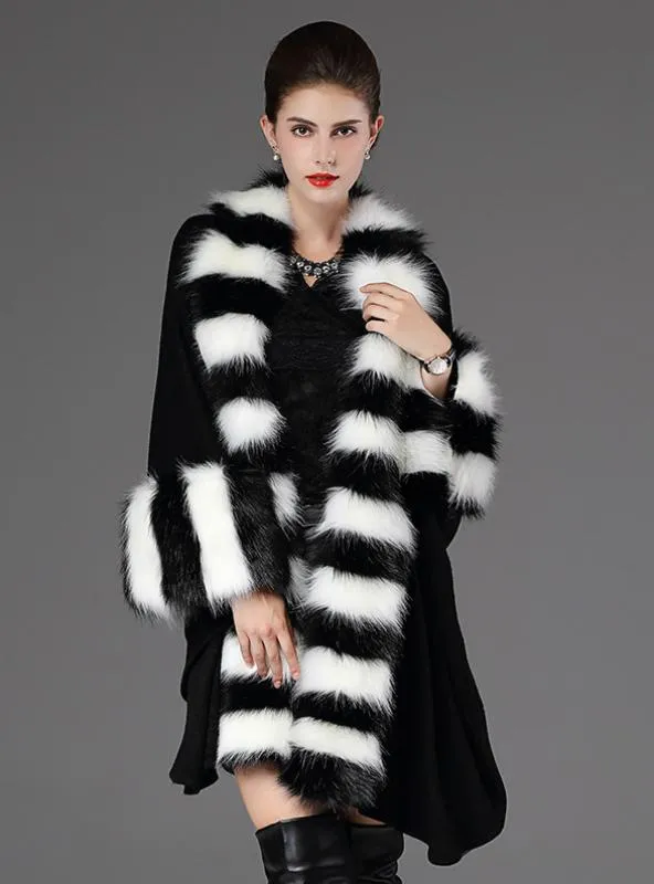 LOOSE FOX LIKE FUR COLLAR KNITTED SHAWL CAPE COAT