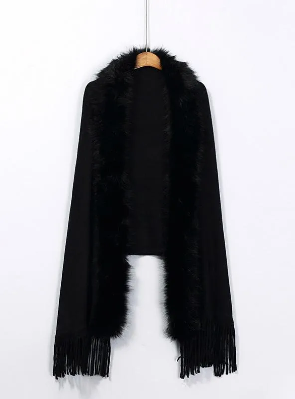 LOOSE FOX LIKE FUR COLLAR TASSEL KNITTED CARDIGAN SHAWL