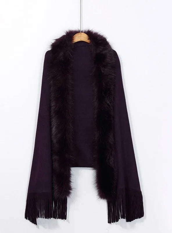 LOOSE FOX LIKE FUR COLLAR TASSEL KNITTED CARDIGAN SHAWL