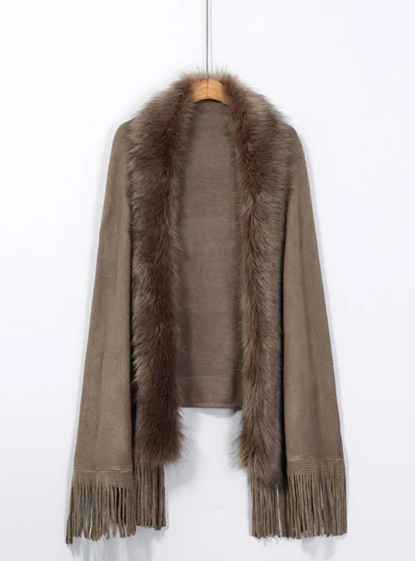 LOOSE FOX LIKE FUR COLLAR TASSEL KNITTED CARDIGAN SHAWL