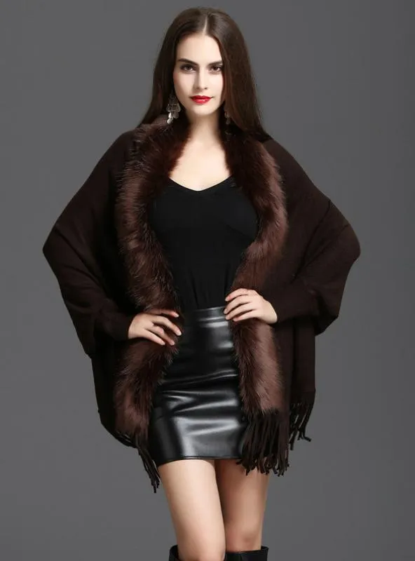 LOOSE FOX LIKE FUR COLLAR TASSEL KNITTED CARDIGAN SHAWL