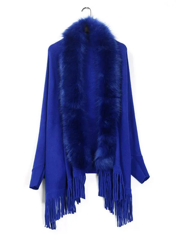 LOOSE FOX LIKE FUR COLLAR TASSEL KNITTED CARDIGAN SHAWL