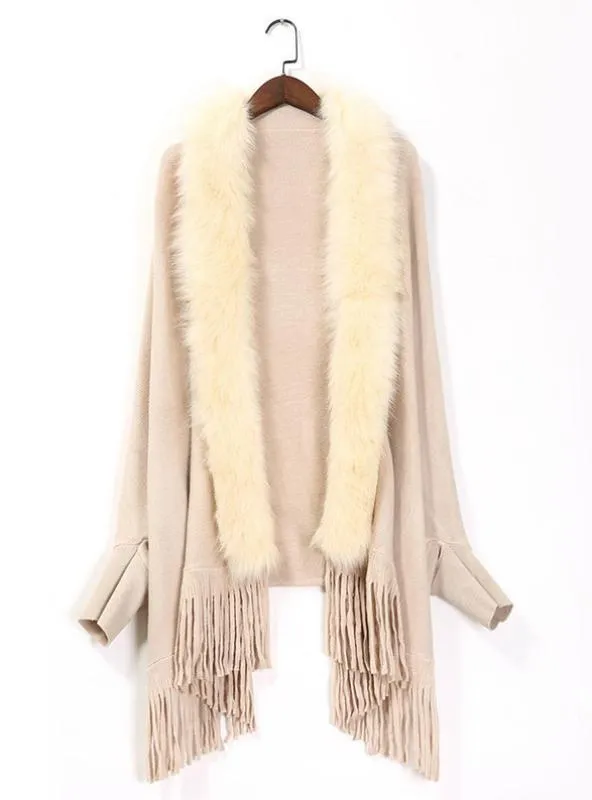 LOOSE FOX LIKE FUR COLLAR TASSEL KNITTED CARDIGAN SHAWL