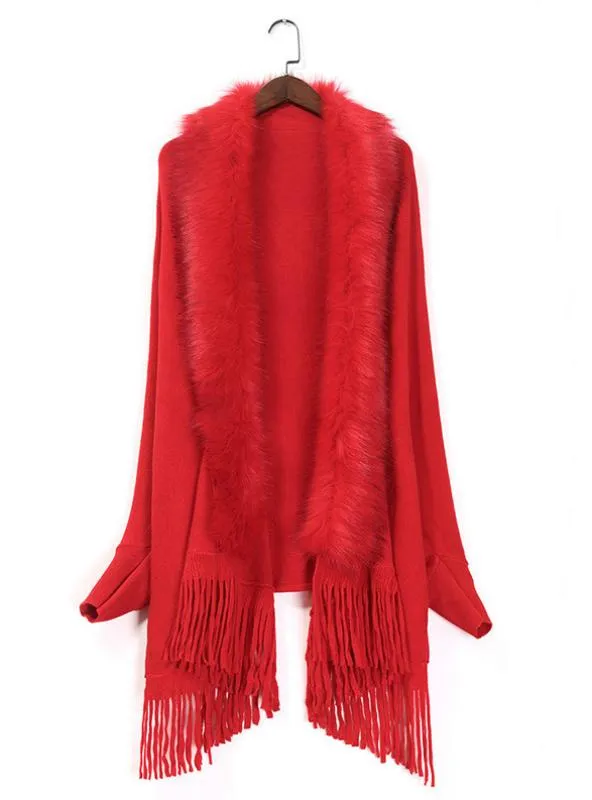 LOOSE FOX LIKE FUR COLLAR TASSEL KNITTED CARDIGAN SHAWL