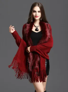 LOOSE FOX LIKE FUR COLLAR TASSEL KNITTED CARDIGAN SHAWL