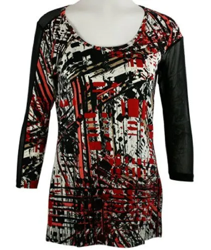 Lynn Ritchie - Sheer Top, Black & Red in a Geometric Print