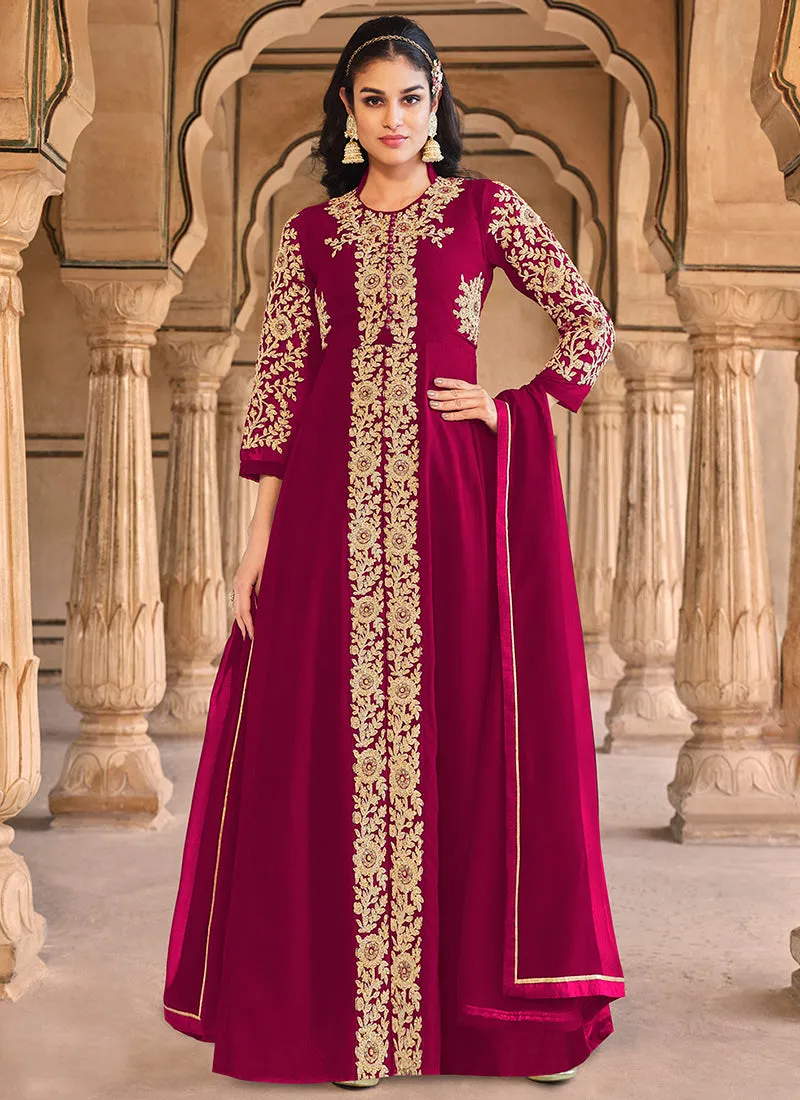 Magenta Golden Embroidered Slit Style Anarkali Pant Suit