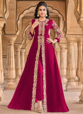 Magenta Golden Embroidered Slit Style Anarkali Pant Suit