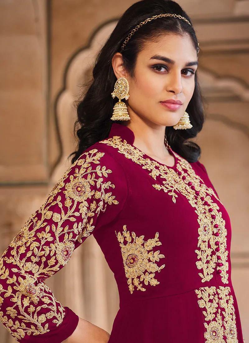 Magenta Golden Embroidered Slit Style Anarkali Pant Suit