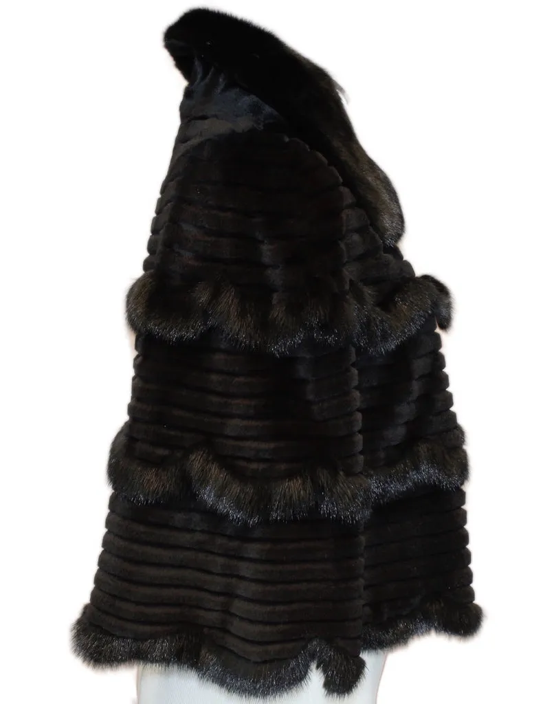 MEDIUM BLACK GROOVED SHEARED & UNSHEARED MINK FUR CAPELET, CAPE